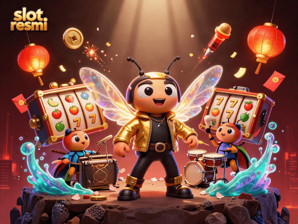 Gambar slot resmi yang menampilkan cicada rock star dengan elemen slot dan koin keberuntungan.