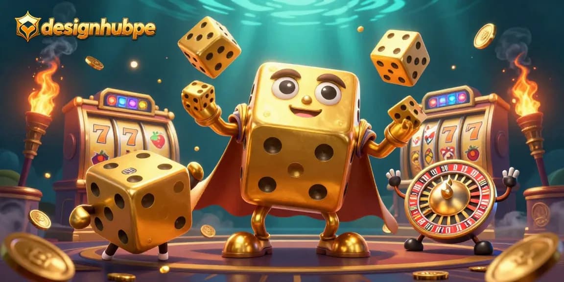 Menangkan jackpot dengan designhubpe, ditampilkan dalam ilustrasi kasino 3D yang dinamis dan penuh warna.