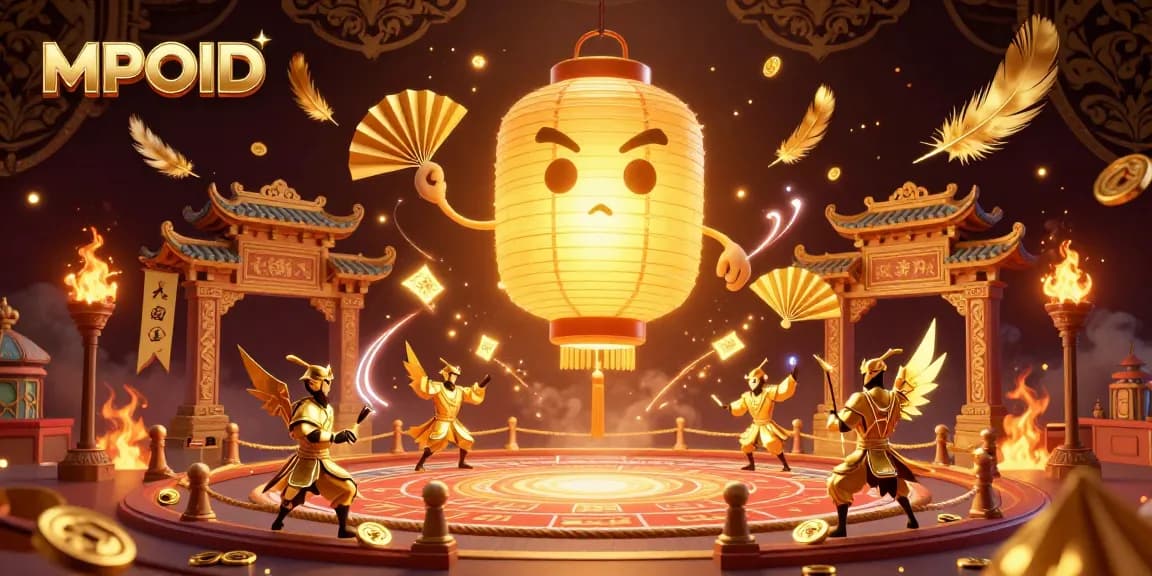 MPOID invites players into a vibrant casino scene with golden lantern spirits and dynamic game elements.