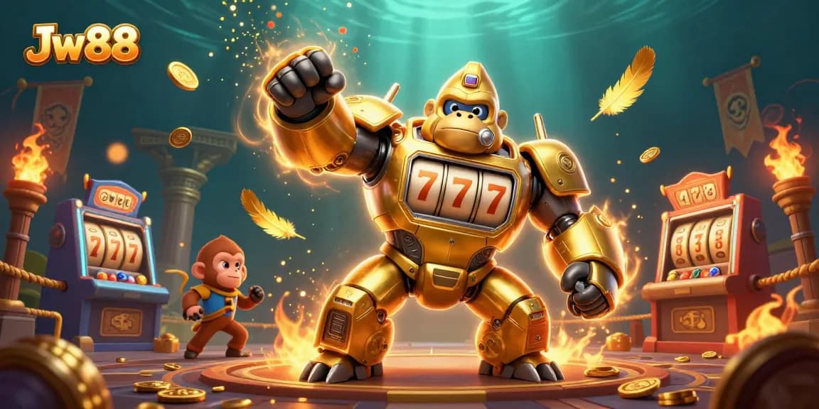 Engage with Jw88's captivating 3D mech casino illustration showcasing a dynamic slot machine scene.