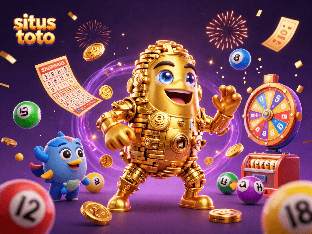 Gambarlah situs toto yang menampilkan permainan lotere dengan bola bernomor, kartu bingo, dan suasana perayaan yang meriah.