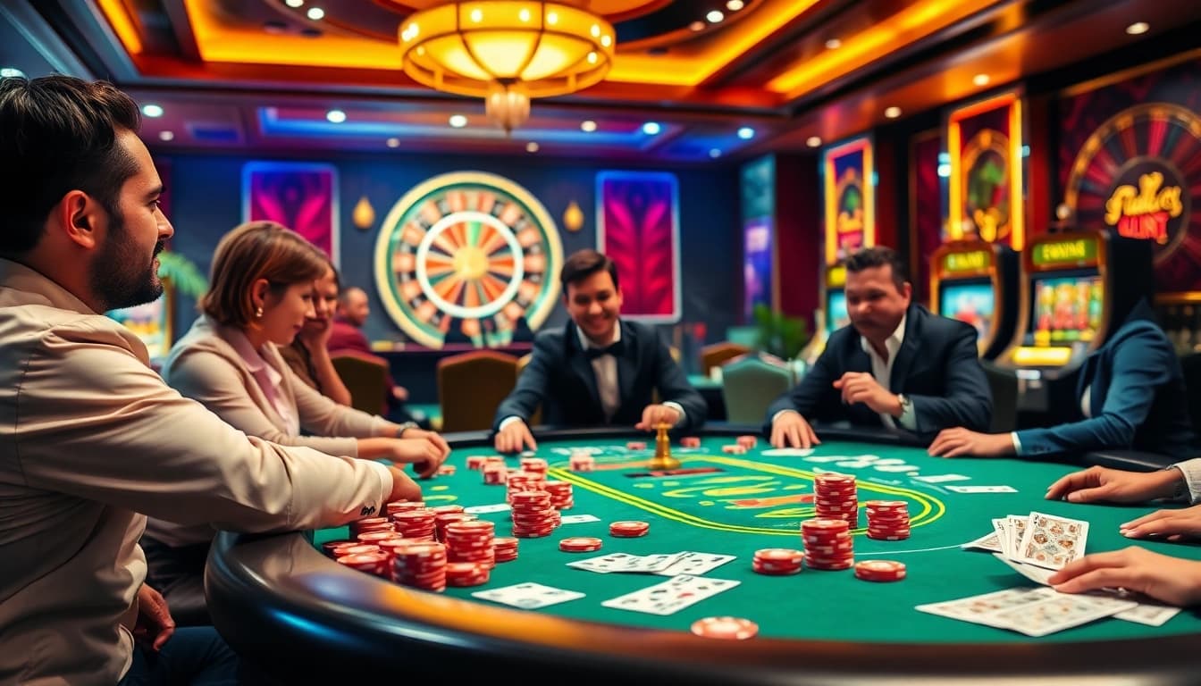 Players engaging in a high-stakes game at a casino table, reflecting excitement and professionalism at https://x88ni.com/.
