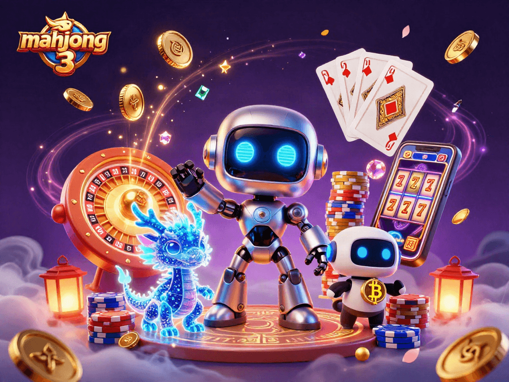 Engage in mahjong 3 with a futuristic robot, AI dragon, and bitcoin drone amidst casino excitement.
