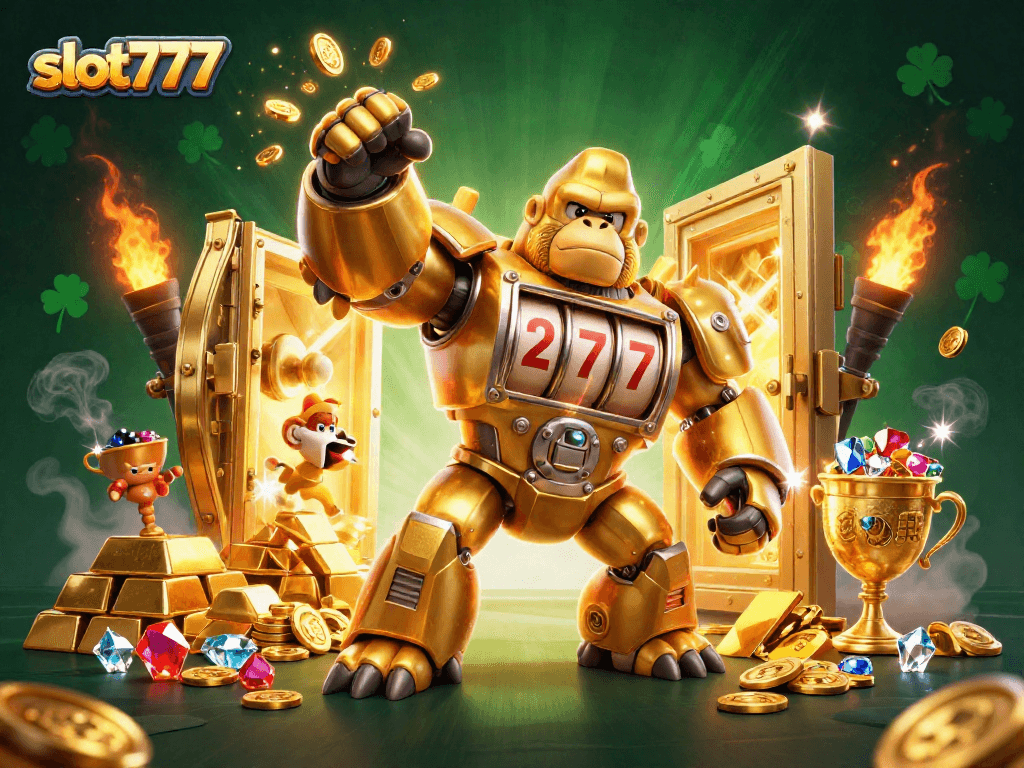 Spin the reels for slots777 excitement as the golden gorilla mech bursts with jackpots!