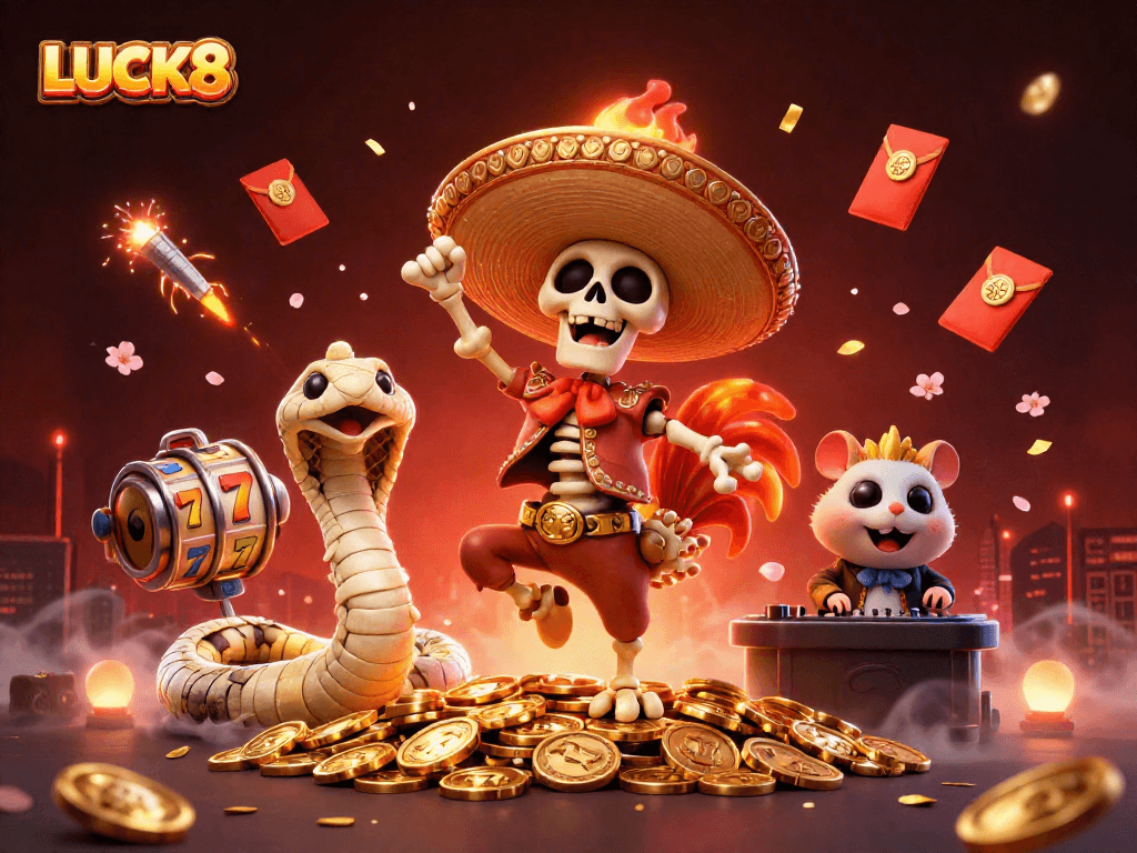 LUCK8 hành động chiến thắng với các nhân vật trong một sân casino đầy màu sắc.