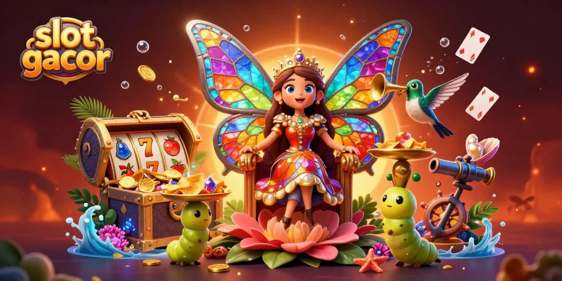 Visualisasi slot gacor menampilkan ratu kupu-kupu dengan sayap warna-warni di tahta bunga dan elemen slot kasino lainnya.