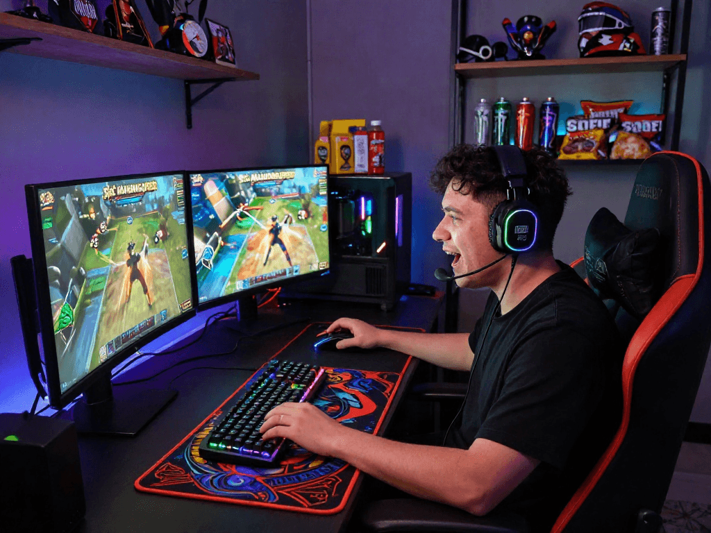 Immersed player engaging in Slot MAHJONGJP88 with vibrant gaming setup and dynamic LED lighting.