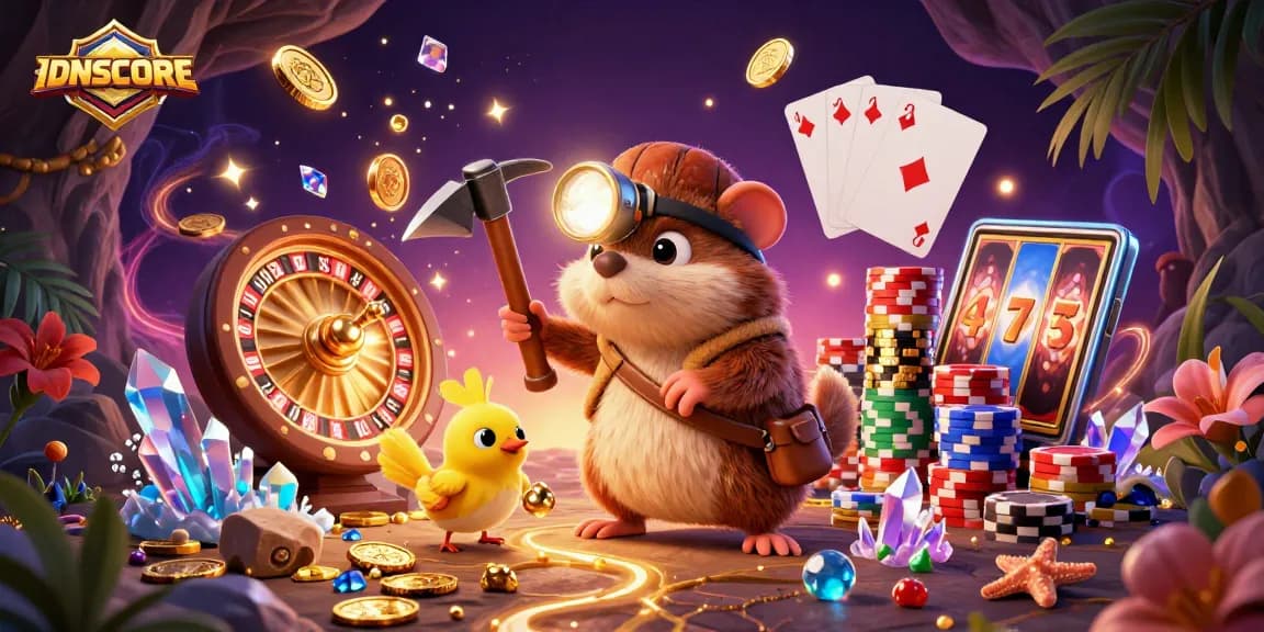 IDNSCORE showcases players winning big in a vibrant casino scene filled with treasures.