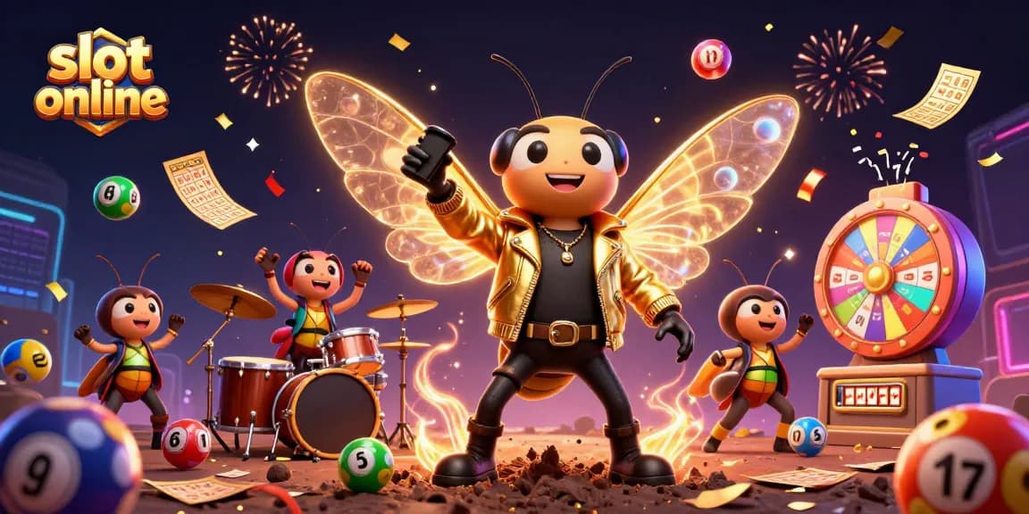 Putar slot online dengan simbol keberuntungan dan bola undian berwarna-warni dalam ilustrasi yang dinamis.