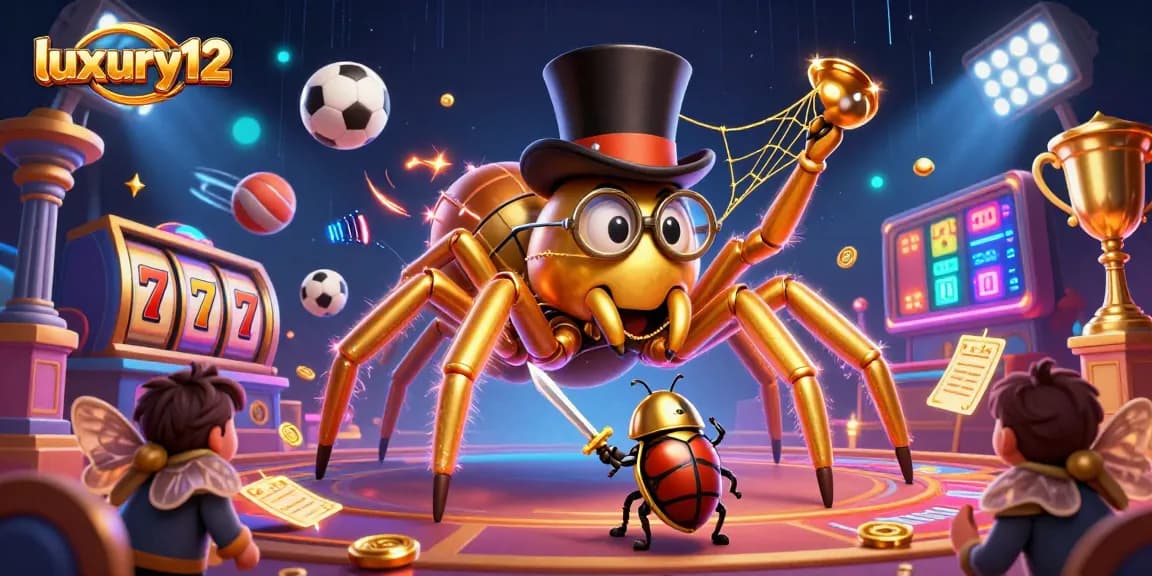Experience luxury12 gaming with an exciting 3D scene of a golden tarantula and beetle knight in a vibrant casino.