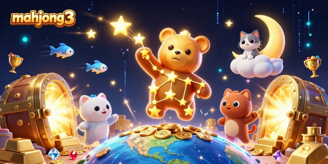 Engage with mahjong 3 in a vibrant, treasure-filled scene showcasing a constellation bear, coins, and gems.