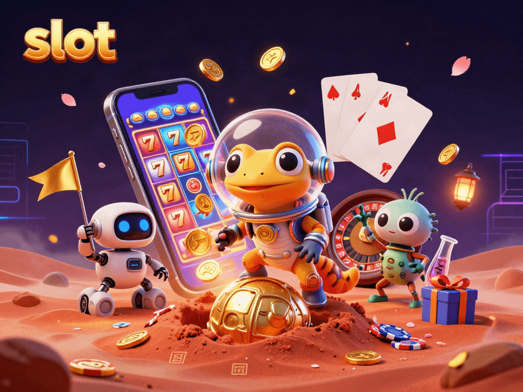 Engage with the thrilling slot game experience with alien characters and vibrant gaming elements.