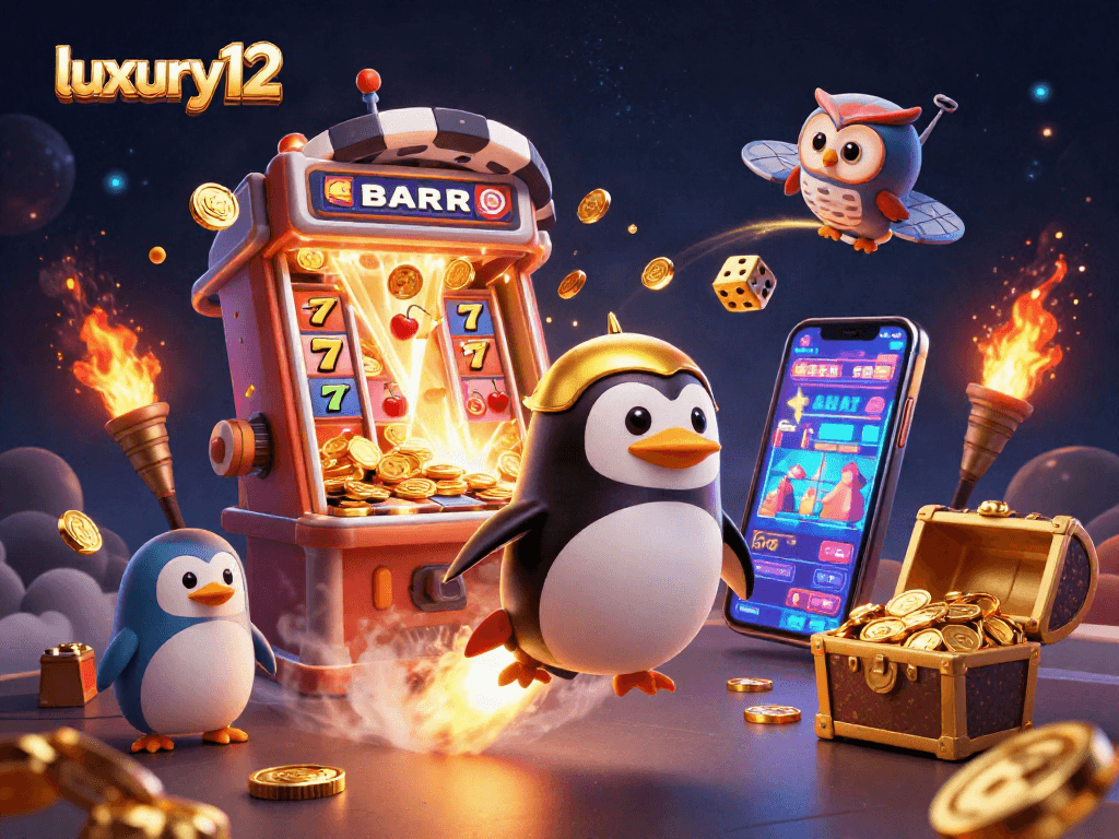 Experience gaming excitement with the luxury12 penguin blasting coins towards a vibrant casino universe.