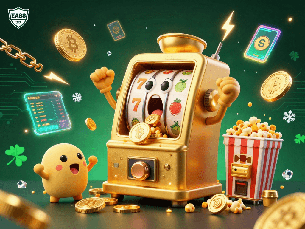 Experience the excitement at EA88 COM with a golden slot machine hitting a jackpot in a vibrant casino scene filled with coins.