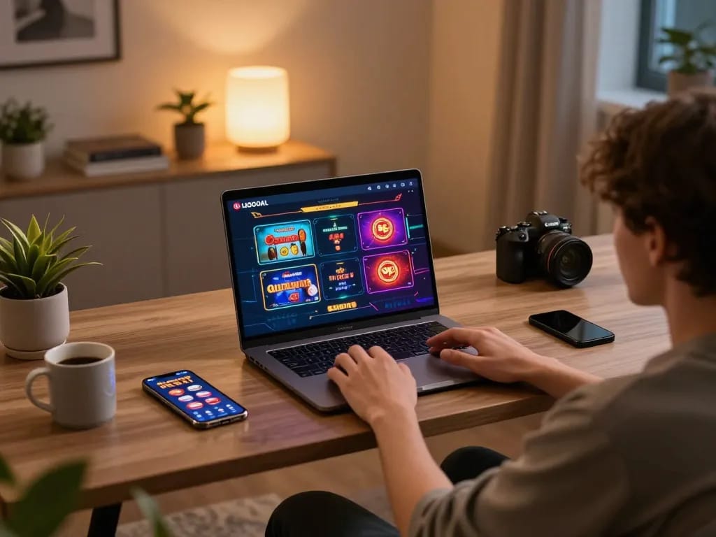 Engaging with LGOGOAL online gaming platform in a cozy home setup.