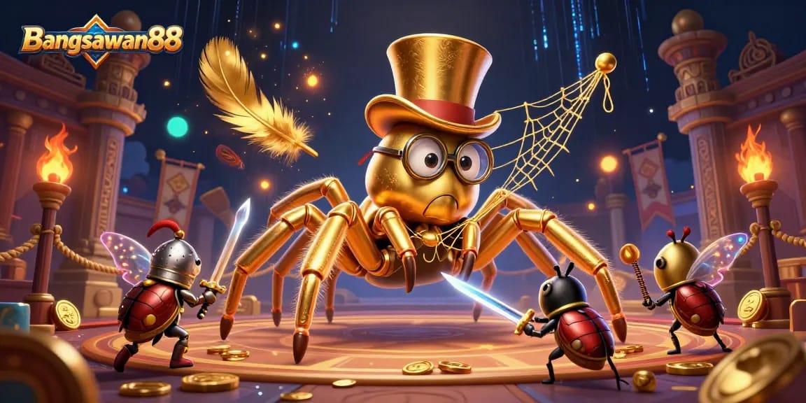 Bangsawan88 captivates with a brave knight facing a golden tarantula in a vibrant casino scene.