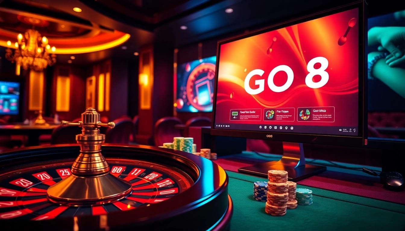 GO8 themed casino scene with poker chips and roulette wheel creating an exciting atmosphere.