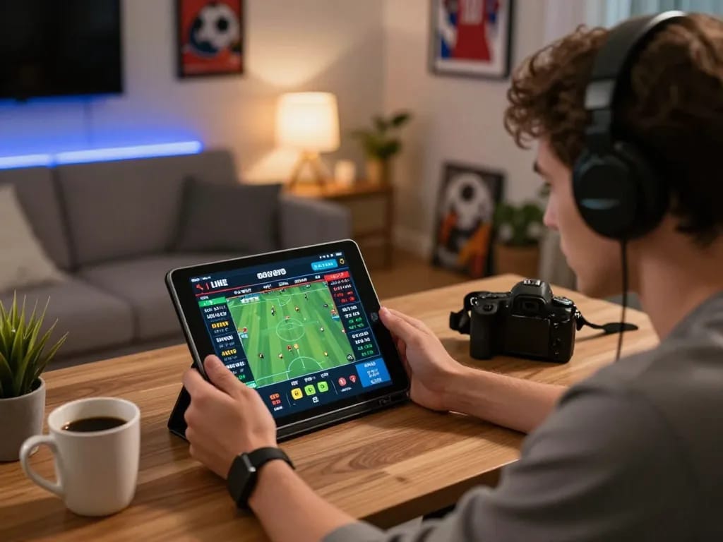 Thabet user intensely engages in online sports betting with a tablet during live match.