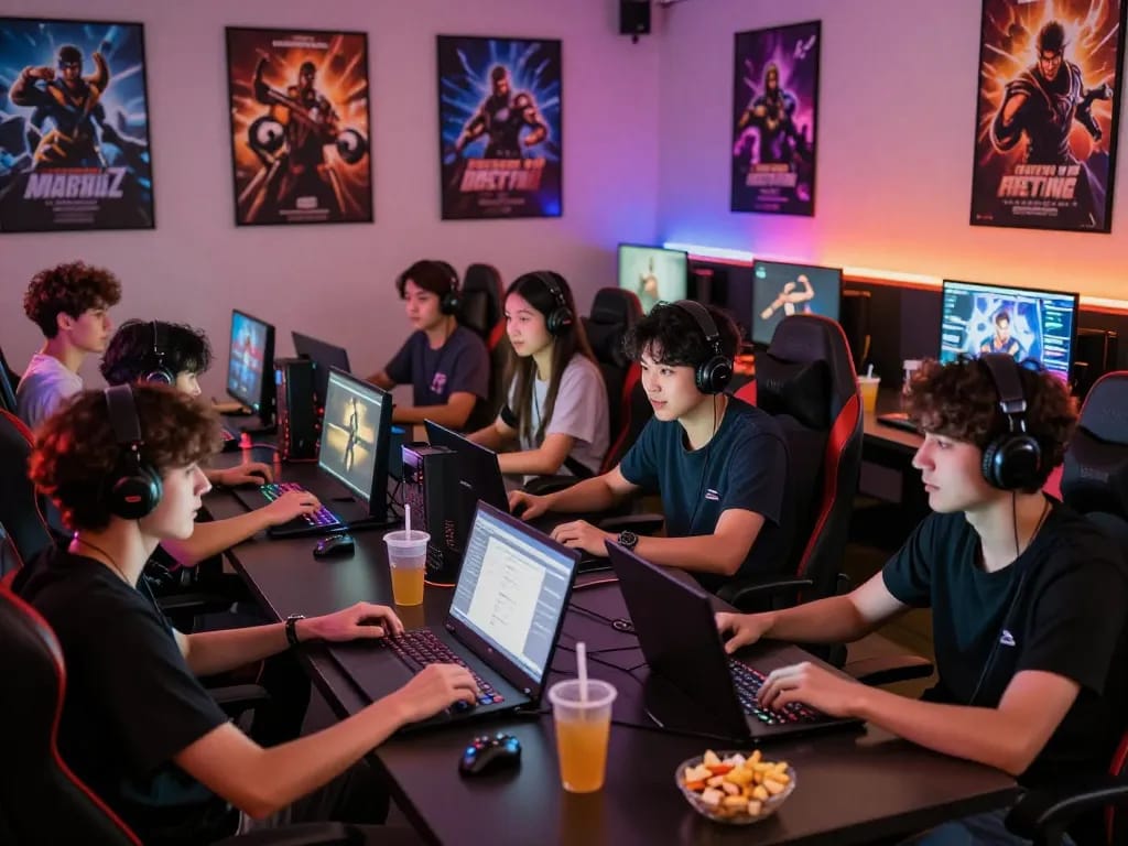 Online gaming community at https://f168.today/ enjoying teamwork and strategy in a vibrant lounge.