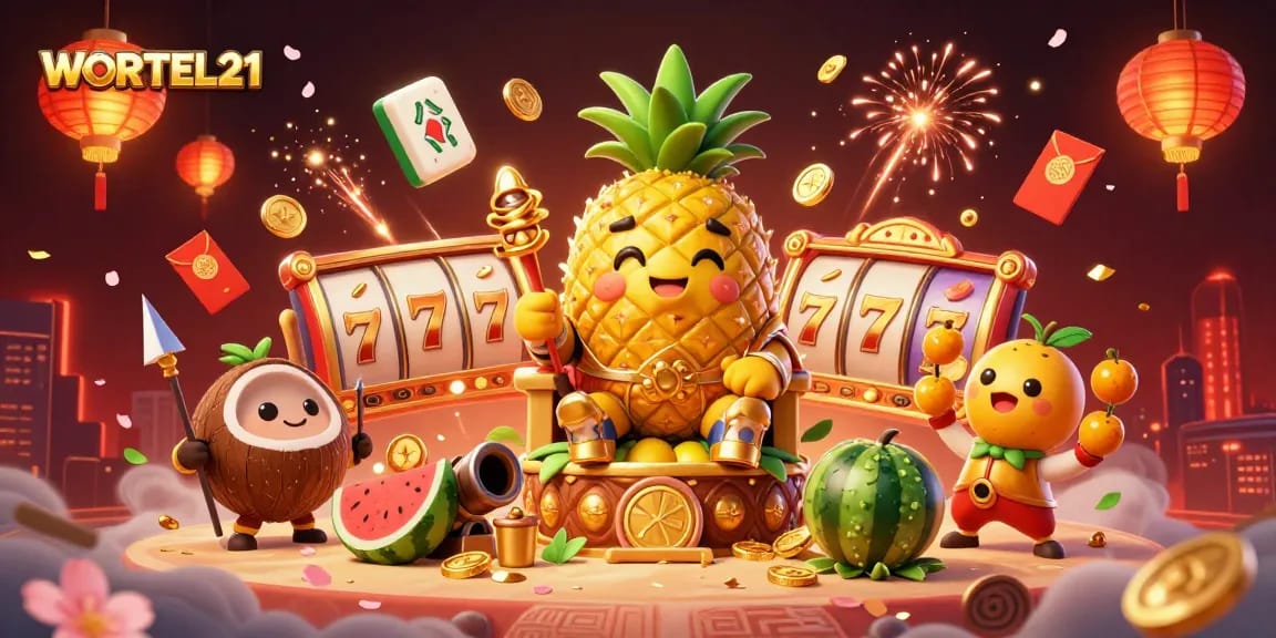 Experience WORTEL21's vibrant casino scene with a golden pineapple king and lively game elements.