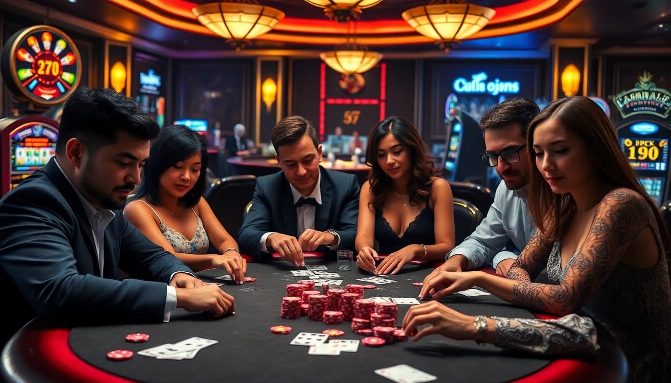 High-stakes poker action at DF 999 casino featuring vibrant chips and focused players