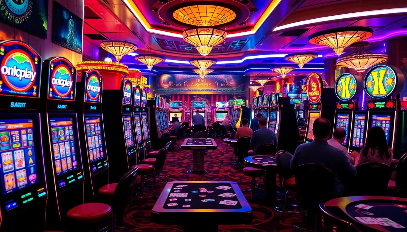 Players enjoying winnings at an onicplay slot machine in a vibrant casino atmosphere.