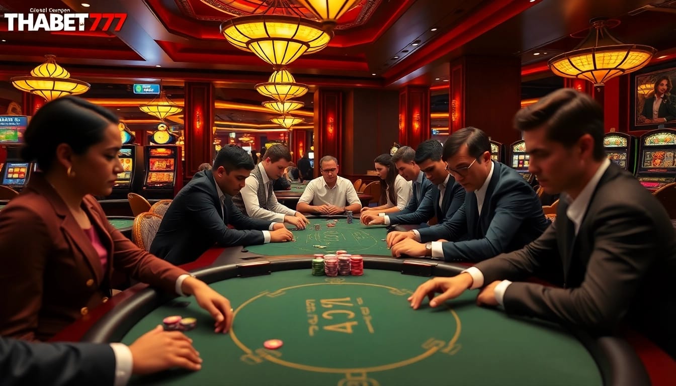Players strategizing at the poker table in a luxurious THABET777 casino setting.