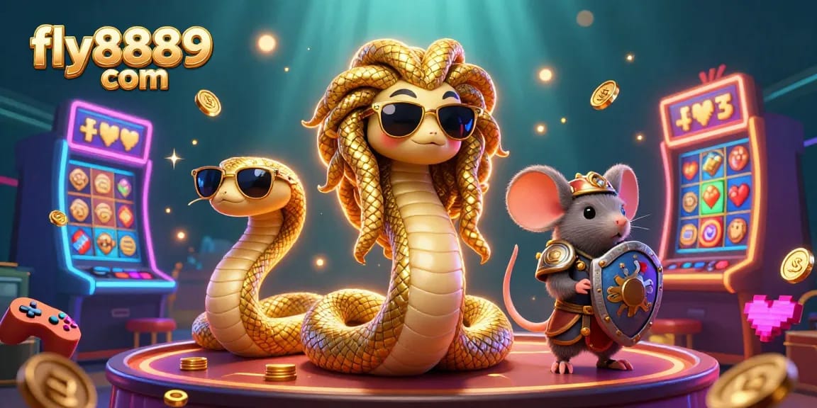 Spin & win with colorful 3D gaming elements in a lively fly8889 com casino scene featuring Medusa and a warrior mouse.