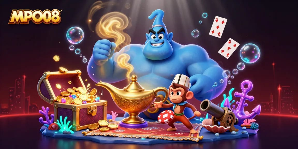 Engage in thrilling gaming with MPO08’s dynamic 3D genie and monkey scene amid casino elements.