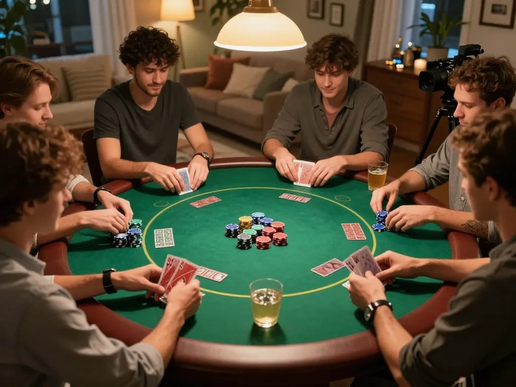 Players enjoying a lively poker night while strategizing with slot777 in front of them.