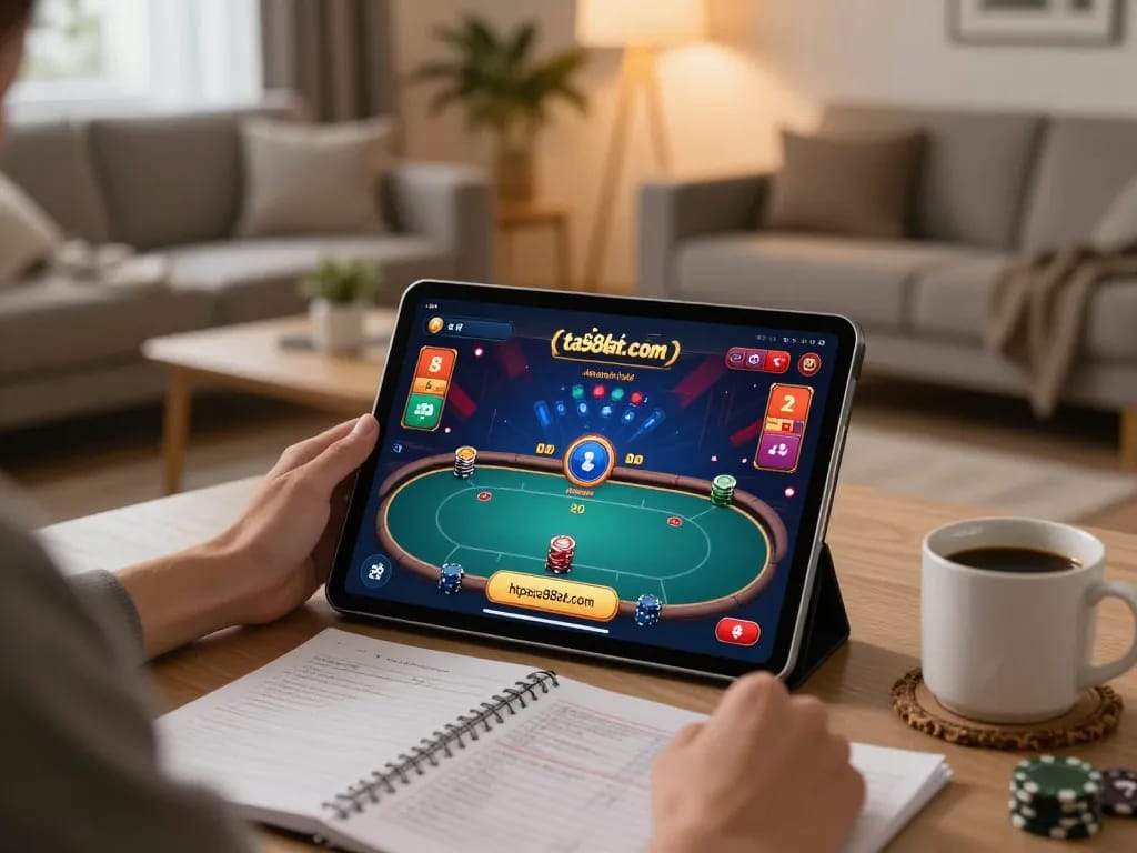 Engaging in online gambling on https://ta88at.com/ with a tablet in a cozy and inviting living room.