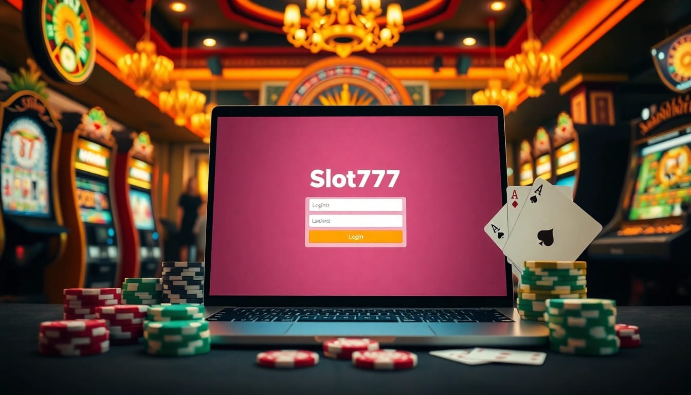 Experience the allure of slot777 login in a vibrant casino setting with slot machines and poker chips.