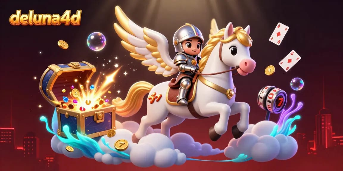 Play exciting games at deluna4d with vibrant illustrations showcasing treasure and slot reels.