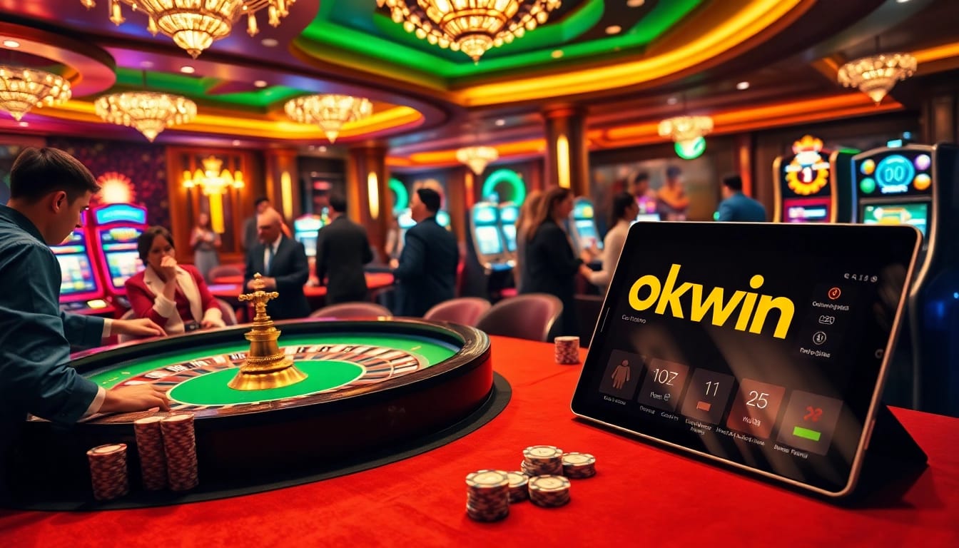 Players enjoying a lively casino scene with okwin themes, featuring poker chips and slot machines.