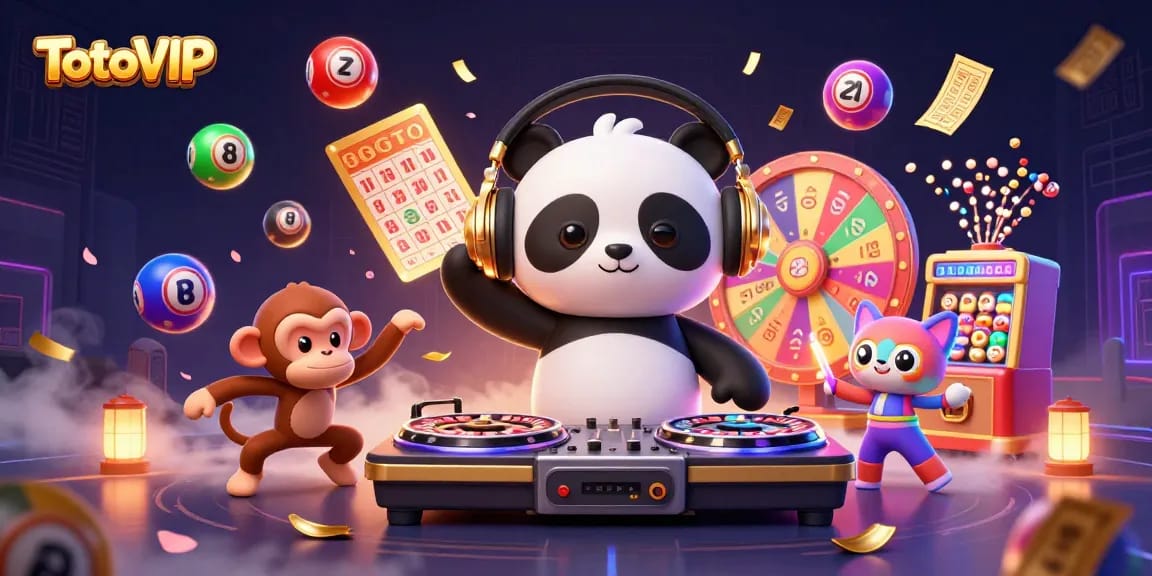 TotoVIP engages players with vibrant lottery-themed 3D illustration featuring a DJ panda, breakdancing monkey, and rave kitten.