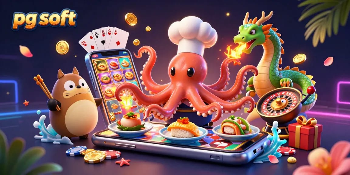 Spin thrilling pg soft slots with octopus chef and fiery dragon in a vibrant casino scene.