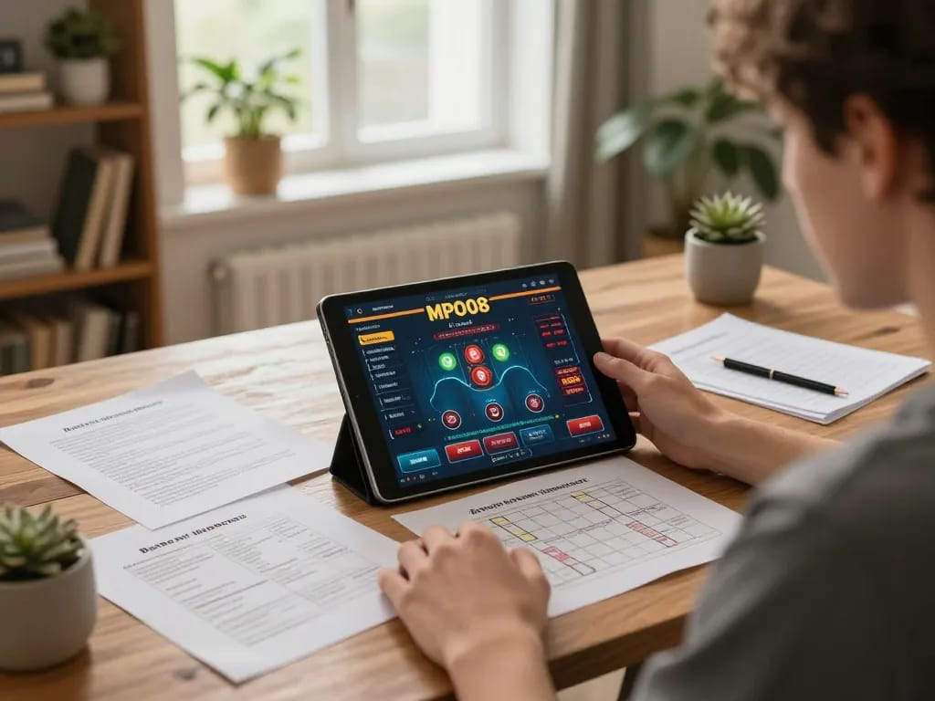 MPO08 user engaged in casino strategy at home, enhancing gaming experience