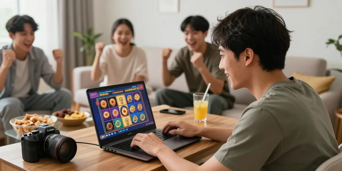 Login Modal138 saat bermain slot online dengan teman-teman di ruang tamu yang nyaman.