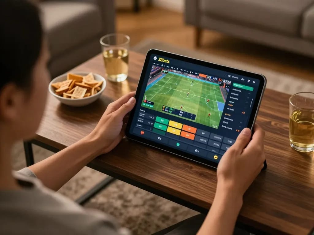 Using 28bets app for sports betting while relaxing at home with snacks and drinks.
