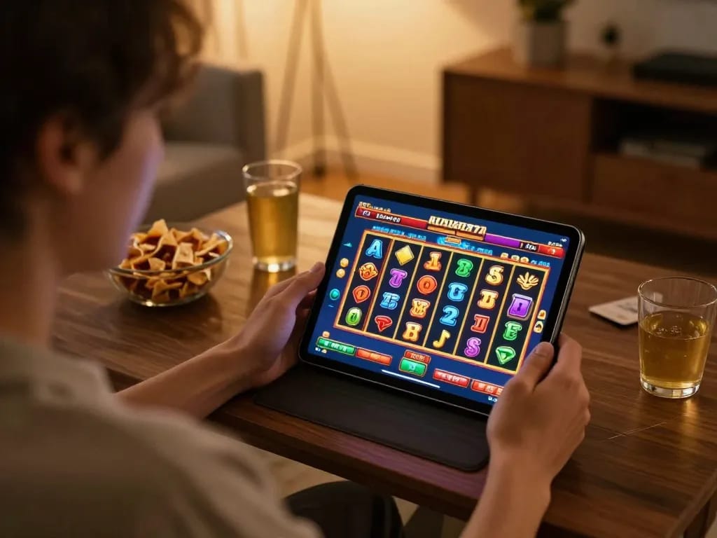 KADAL778 user engaging with exciting online slots gameplay in a cozy home setting.
