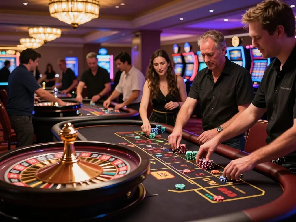 Players embracing the excitement at MMOO COM roulette tables, with chips and colorful gaming atmosphere
