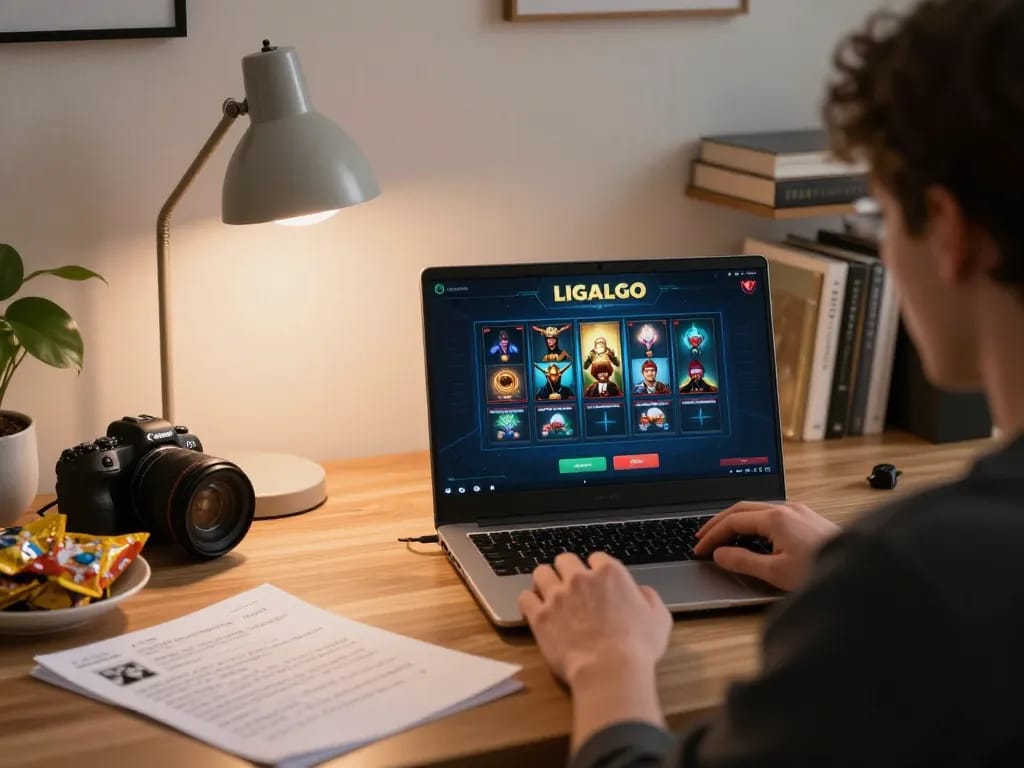 LIGALGO online gaming setup shows a player engaged with demo slots in a cozy home atmosphere.