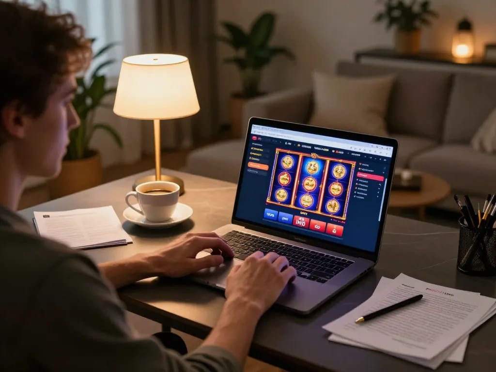 MPOID player enjoying online casino slot games in a cozy home setup