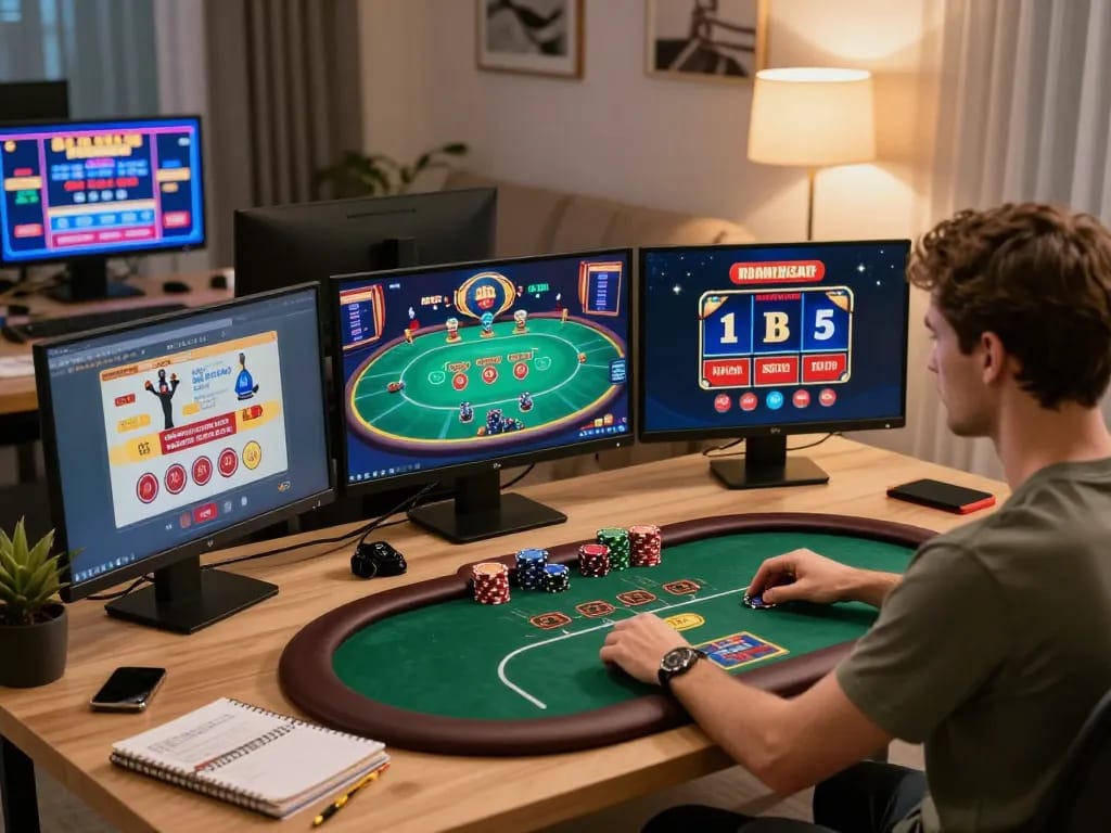 Engaged player strategizing on harga toto while gambling online using multiple screens in a modern home office.
