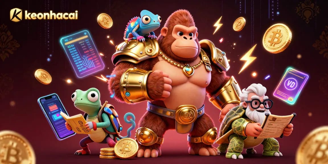 Keonhacai showcases a vibrant 3D cartoon scene with a gorilla king and crypto elements, highlighting casino excitement.