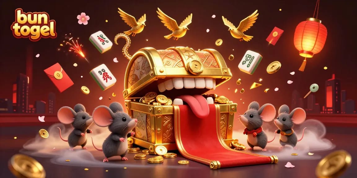 Engage in bun togel gaming excitement with a vibrant 3D illustration of treasure and luck.