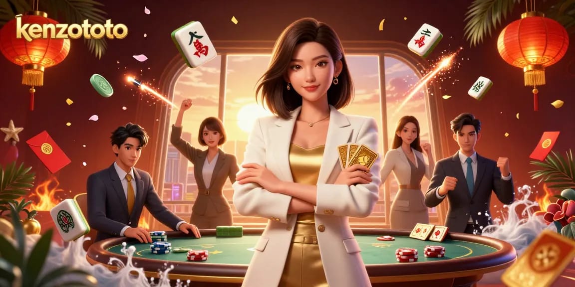 Win big at Kenzototo with a glamorous Asian woman in a dynamic casino scene holding golden cards.