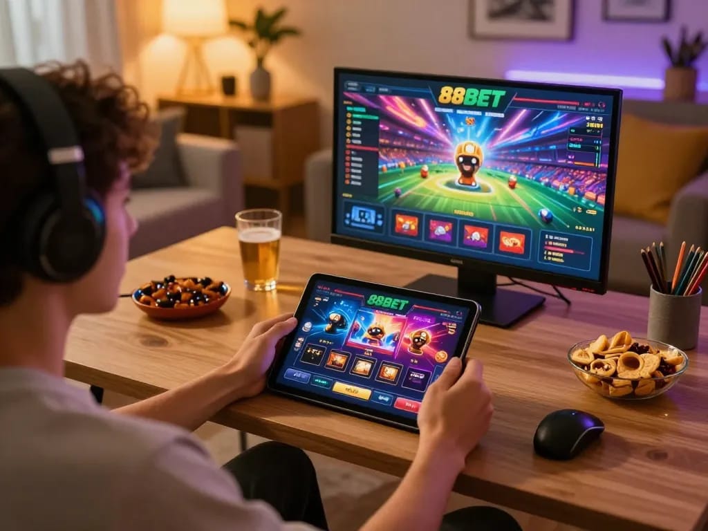Engaging with the 88bet zone online casino on a tablet in a cozy home setting.