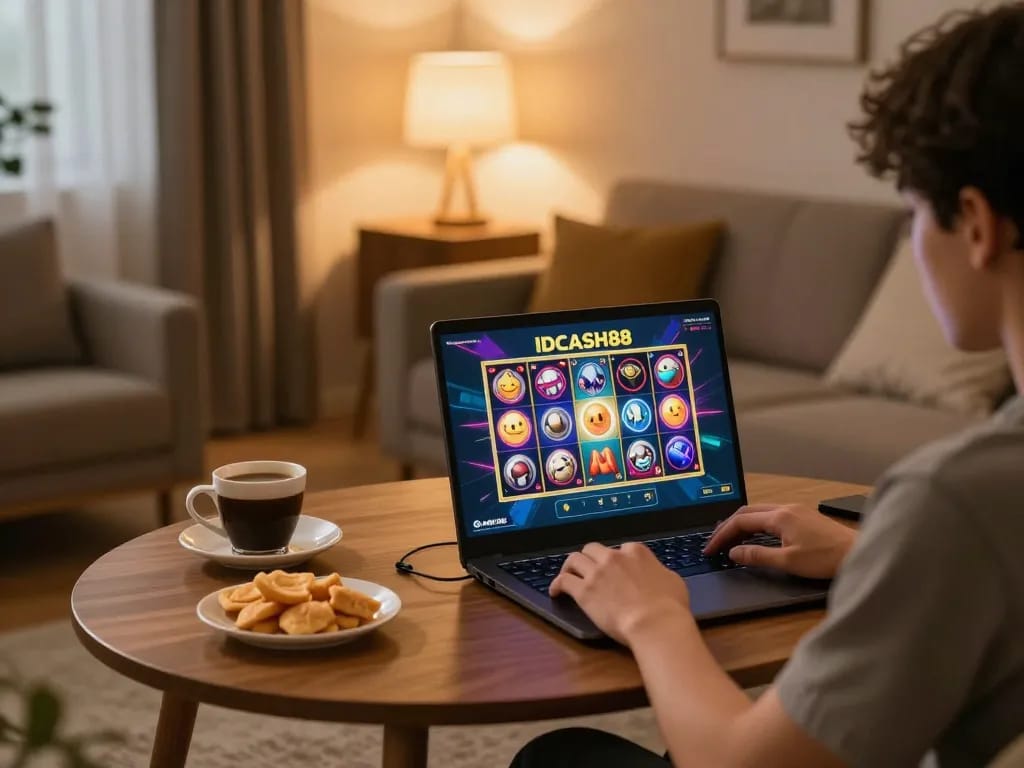 Engaging in online gaming at IDCASH88 with a vibrant slot interface on laptop in cozy home.