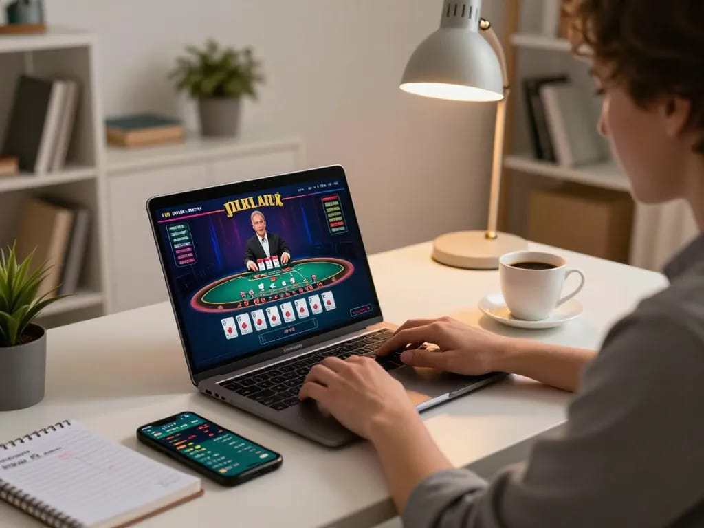 Player engaging in online blackjack at their modern gaming setup, featuring the keyword s666 in a dynamic atmosphere.